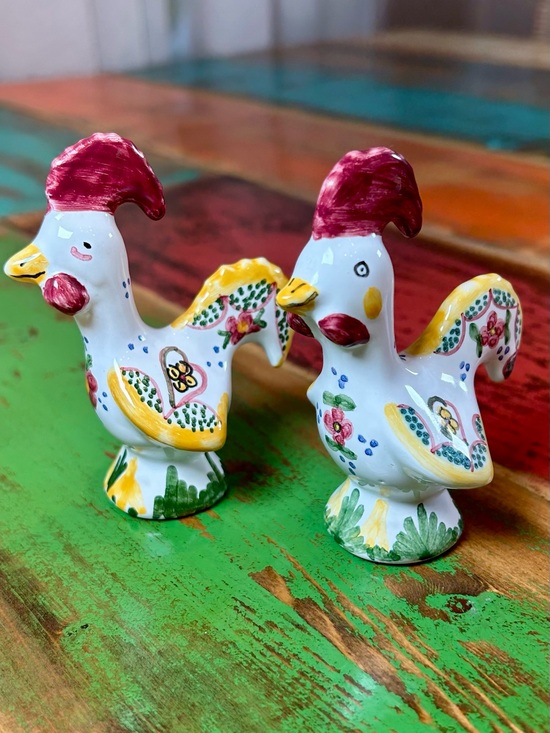 Hand Crafted Other - Vintage Portuguese Good Luck Rooster Figurines Hand Painted Pair Signed